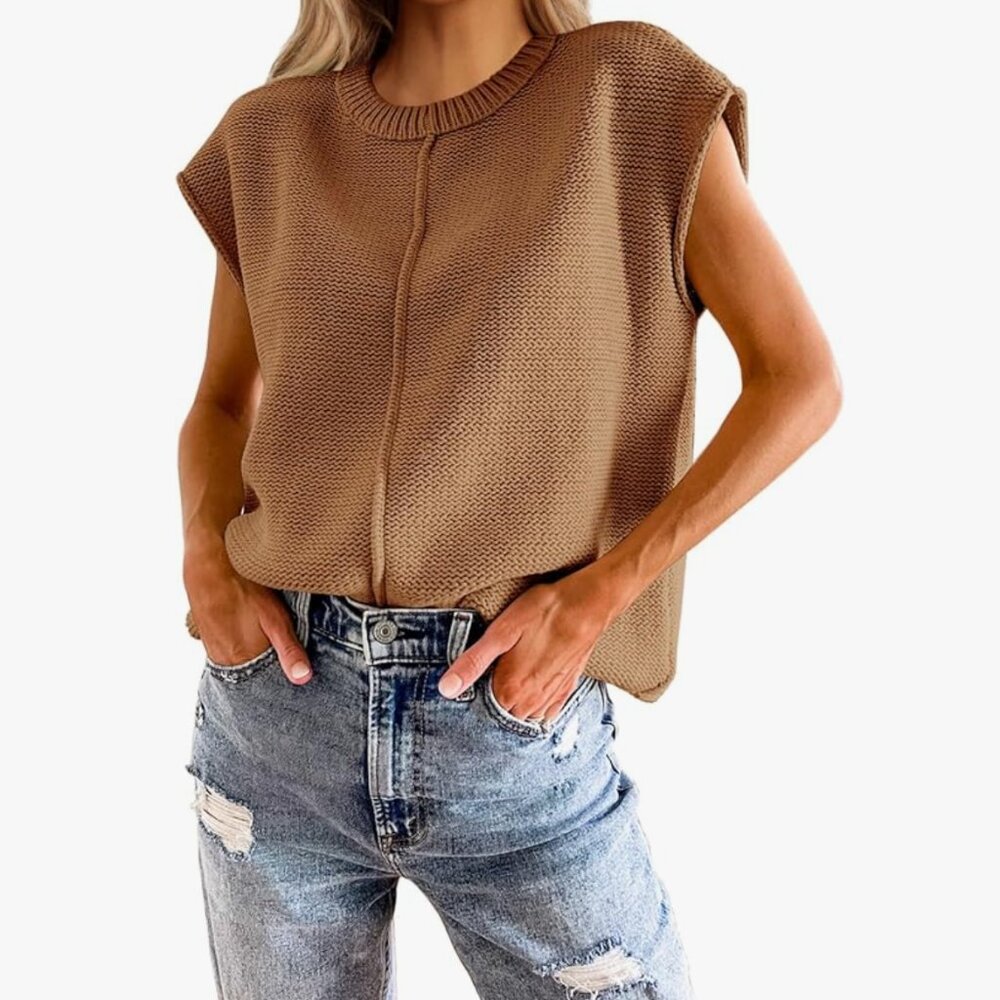 Summer Cap Sleeve Crew Neck Loose Fit Knit Lightweight Sweater Pullover | S